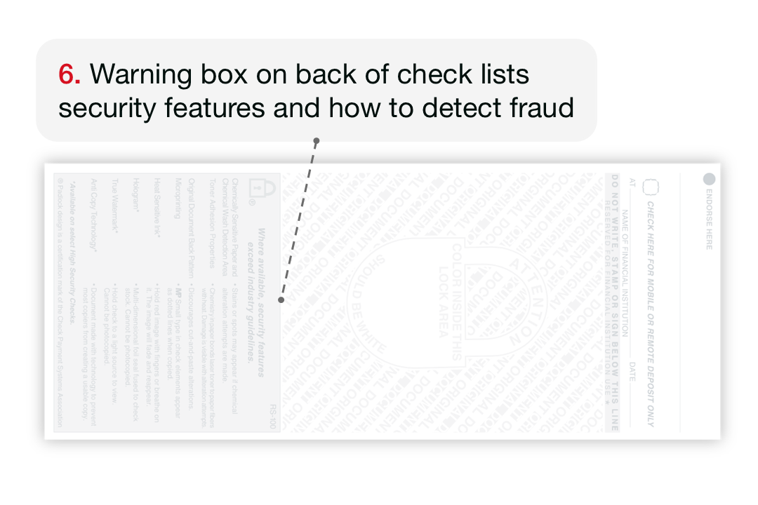 Warning box on back of check lists security features and how to detect fraud